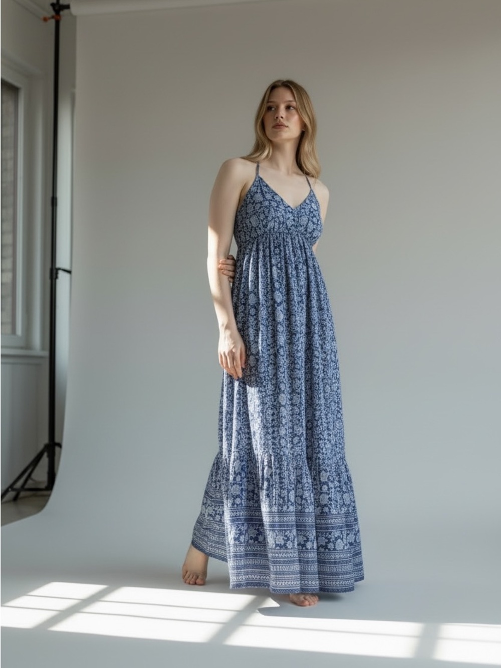 Sim & Sam Linen Blend Boho Blue Floral Smocked Maxi Tiered Dress